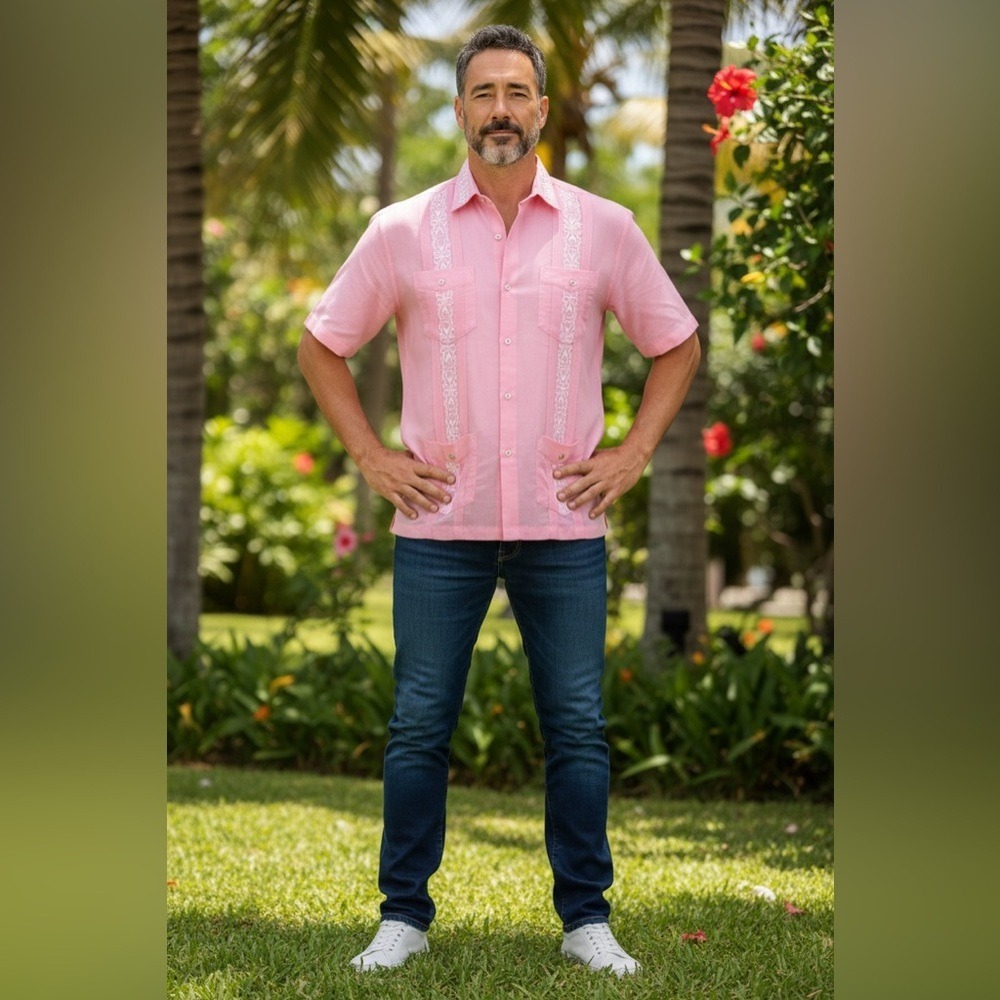 Pink Collared Short Sleeve Shirt.‎ Guayabera with White Embroidery. Snap Buttons - Picture 3 of 15